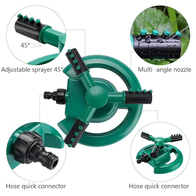 Automatic 360 ° Rotating Adjustable Round 3 Arm Lawn Water Sprinkler(Pipe connector screws included)