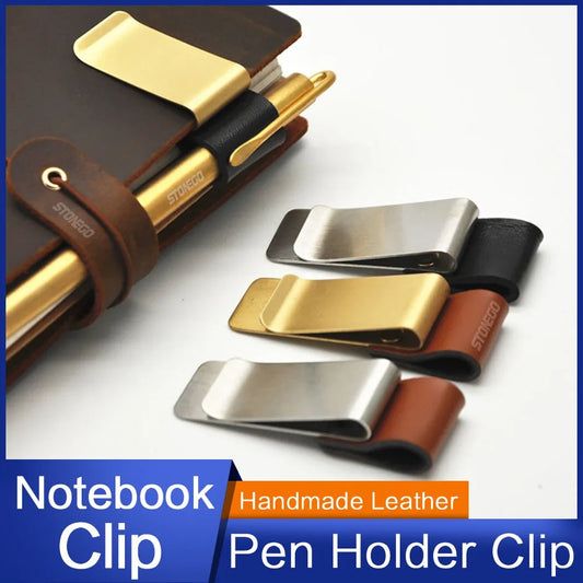 STONEGO Handmade Leather Brass Stainless Steel Pen Holder Clip Journal Notebook Paper Folder Writing Office Supplies