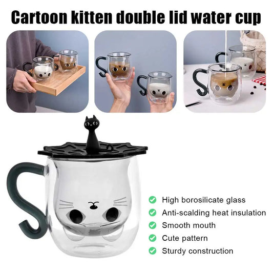 Double Wall Glass Milk Juice Cup Creative Cute Cat Shape Coffee Mug Cartoon Couple Teacup with Cover Household Office Drinkware