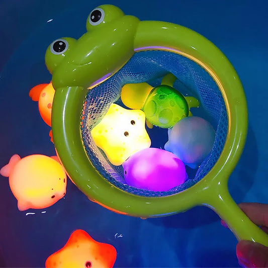 Baby Cute Animals Bath Toy Swimming Water LED Light Up Toys Soft Rubber Float Induction Luminous Frogs for Kids Play Funny Gifts