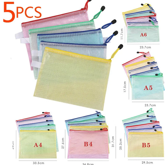 5PCS Stationery Storage Folder File Mesh Zipper Pouch A4 A5 A6 B5 2PCS A3 B4 Document Bag Zip File Folder School Office Supplies