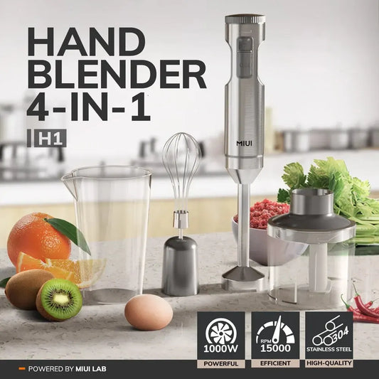 MIUI Hand Immersion Blender 1000W Powerful 4-in-1,Stainless Steel Stick Food Mixer,700ml Mixing Beaker,500ml Processor,Whisk