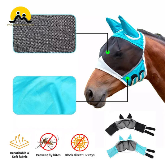1PC Horse Fly Masks Anti Mosquito Elastic Mesh Horse Face Shields Washable Horse Head Cover Outdoor Riding Equestrian Equipment