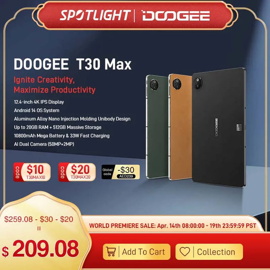 World Premiere DOOGEE T30 Max Tablet 12.4" 4K 20GB(8+12) 512GB Android 14 50MP Dual Camera 10800mAh Aluminum Alloy Nano Unibody