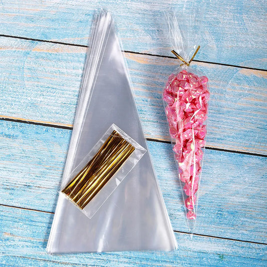 50pcs Candy Bags Cellophane Popcorn Bags Cone Cookies Storage Bags with Gold Twist Ties Wedding Birthday Party Favors
