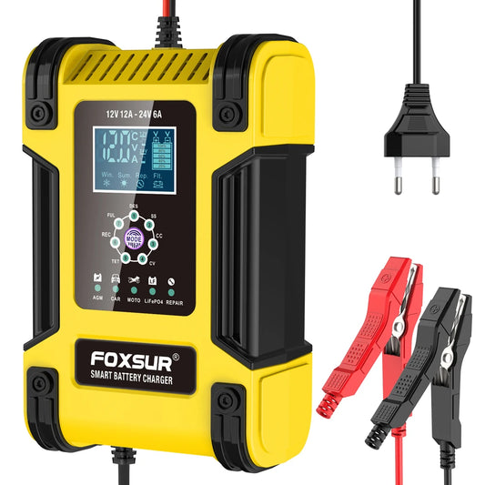 Foxsur Full Automatic Car Battery Charger 12V 12A Digital Display Battery Charger Power Pulse Repair Chargers Wet Dry Lead Acid