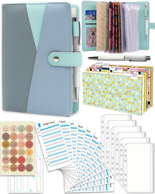 Budget Binder with Zipper Envelopes, Cash Envelopes with Budget Sheets, PVC Pockets, Cash Envelopes, Stickers & Pen