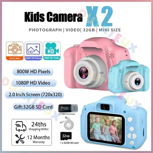 Mini Children Camera X2 Digital Vintage Camera Educational Toys Kids Projection Video Camera Outdoor Photography Toy Gifts 32GB