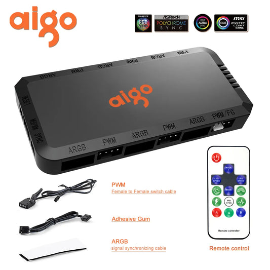 Aigo APC1 4Pin PWM 6 ARGB Ports 3Pin 5v Speed Controller Universal Computer Regulator PC Case Cooling Fan Hub remote control