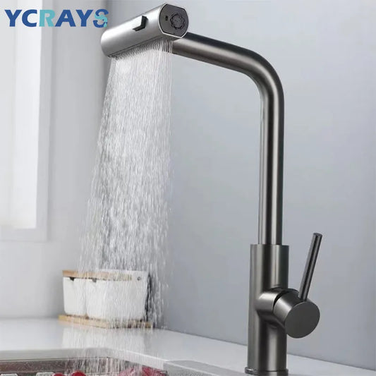 YCRAYS Black Kitchen Faucets Gray Pull Out Rotation Waterfall Stream Sprayer Head Sink Mixer Brushed Nickle Water Tap Accessorie