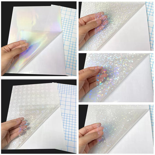 10 Sheets 15 Style A4 Transparent Holographic Overlay Lamination Film A4 Self-Adhesive Laminate Waterproof Vinyl Sticker Paper