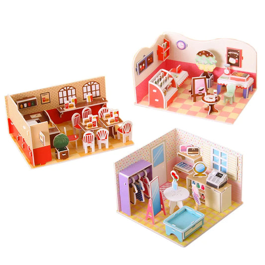 Cardboard Puzzle 3D House Room Shops Model Puzzle Toys Kids Handmade DIY Assembling Toys