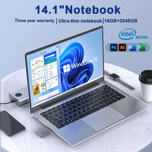Ultra Slim Laptop 14.1" 16GB RAM 1TB SSD Intel N3700 Notebook Gamer  1920*1080  Display Office Study Computer PC Windows 11 Pro