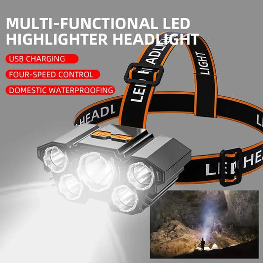 LED Strong Light Five Headed Outdoor Waterproof Fishing Light USB Rechargeable Ultra Bright Head Mounted Flashlight