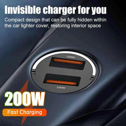 200w Mini Car Charger Lighter Fast Charging 100w Pd Usb Type C Dual Ports Invisible Metal Charger For S1f3