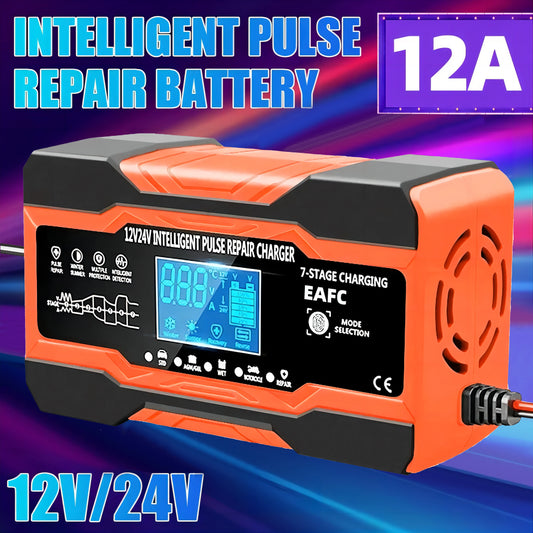12V 24V 12A 10A Battery Charger Smart Fast Charging for Car Batteries 7-Stage Charge Pulse Repair for AGM GEL WET Lead Acid