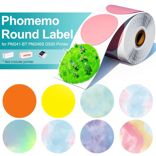 Phomemo PM241 Shipping Printer Label Sticker Round Paper Square Label Rainbow Color for DIY Logo Design Small Business Adress