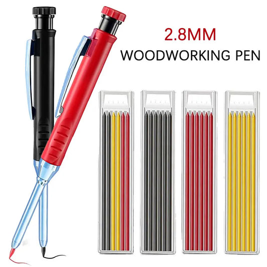 Solid Carpenter Pencil with Refill Lead and Built-in Sharpener for Deep Hole Mechanical Pencil Scribing Marking Woodworking Tool