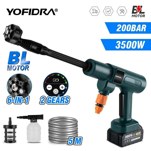 YOFIDRA 3500W 200Bar Brushless Electric High Pressure Washer 6IN1 Car Wash Water Gun Garden Spray Gun for Makita 18V Battery