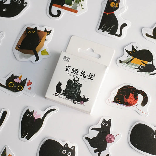 45Pcs/Box Black Cat Theme Stickers Decoration Kawaii Cute Cats Stickers Self-adhesive Scrapbooking Stickers For Laptop Planners