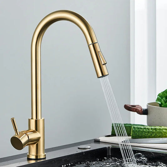 Quyanre Brushed Gold Kitchen Faucet Pull Out Kitchen Sink Water Tap Single Handle Mixer Tap 360 Rotation Kitchen Shower Faucet