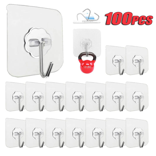 100-300PCS Transparent Stainless Steel Self-Adhesive Hooks Bathroom Towel Clothes Storage Sticker Hooks Key Hangers Storage