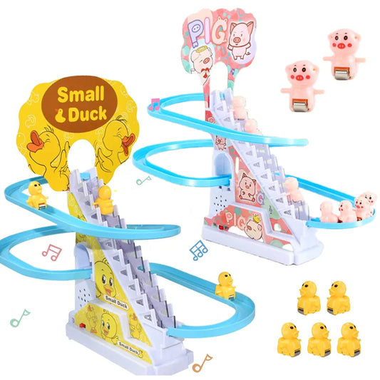 Kids Electric Small Duck Climbing Stairs Toy DIY Rail Racing Track Music Roller Coaster Duck Toy For Baby Kids Gift