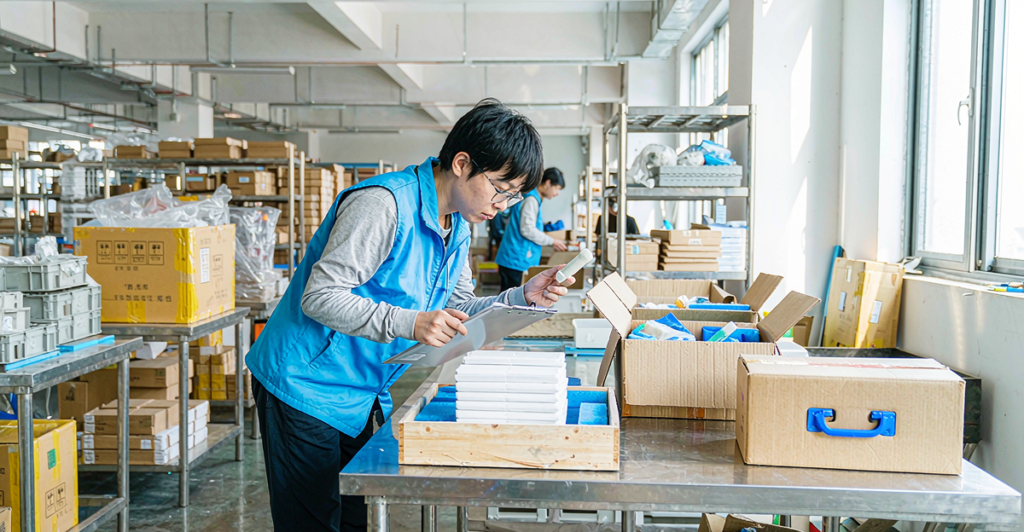 Shenzhen sourcing agent inspecting products in a warehouse